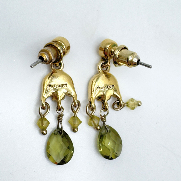 Vintage Monet Rhinestone Dangle Earrings Green Amber Delicate Lightweight 1" - Picture 3 of 4